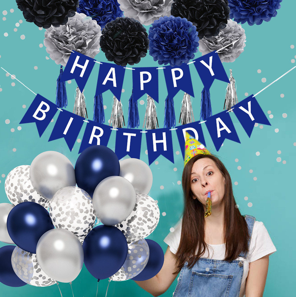 Ouddy Party Blue Birthday Balloons - Happy Birthday Banner Silver Blue Confetti Latex Balloons Paper Poms Tassels Decorations for Men